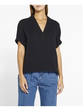 XiRENA Black V-Neck Short Sleeve Rolled Cuff Blouse